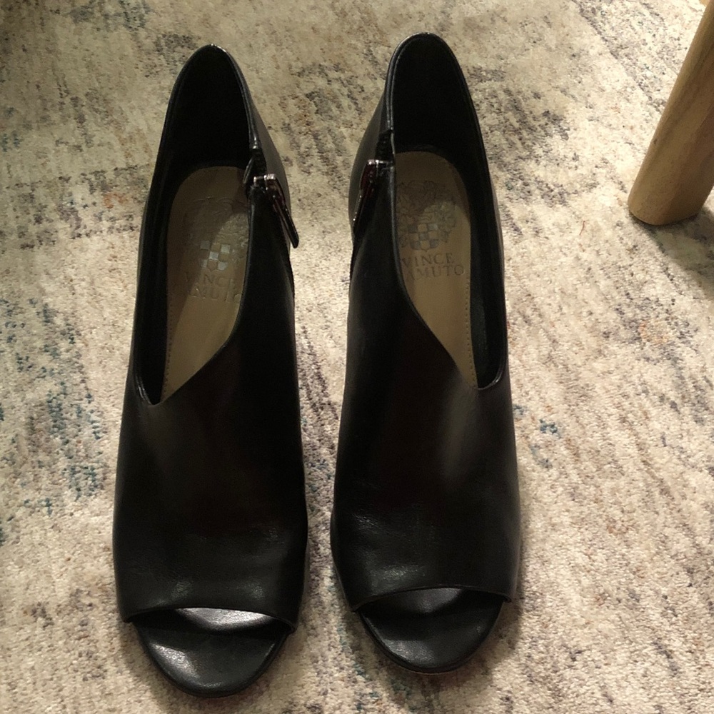 Vince Camuto Black Leather Peep-Toe Booties with Side Buckle